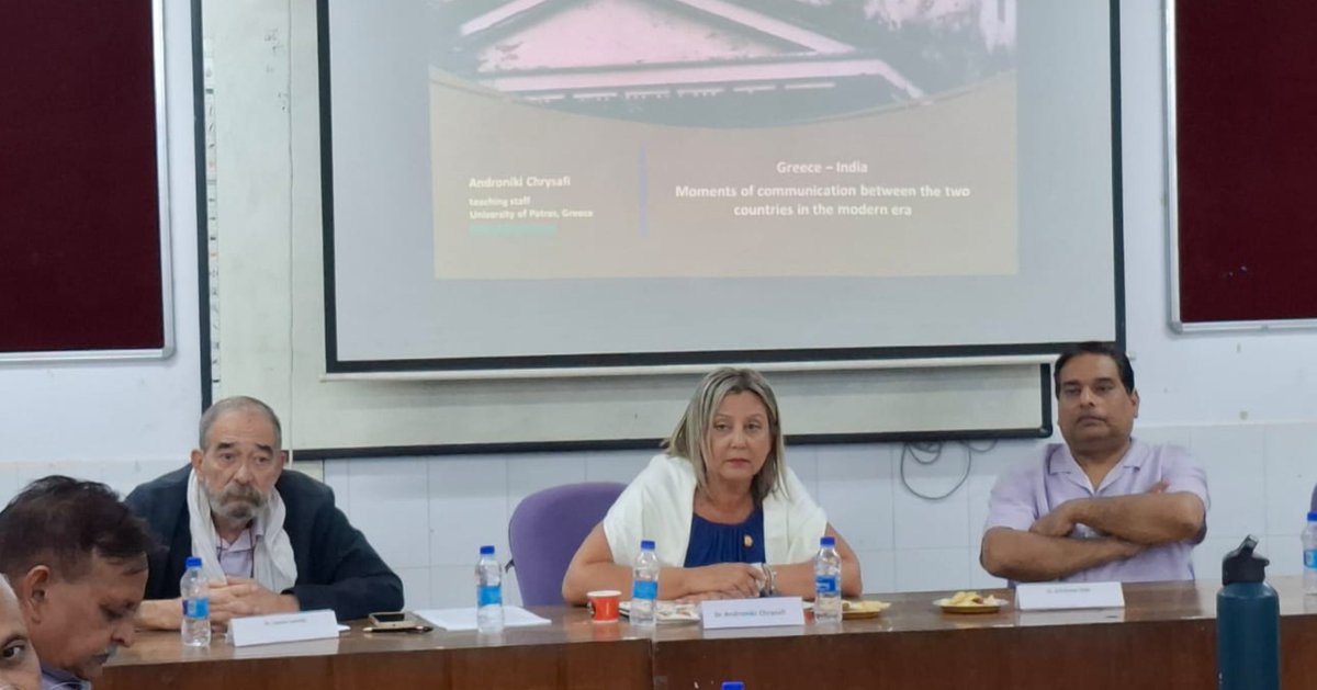 anilaksin's tweet photo. The Greek Chair, JNU organised a public lecture on "Greek and Indian interaction: Literature and Culture" on 2nd September 2026.
Dr. Androniki Chrysafi of University of Patras presented an amazingly informative narration of continuous dialogues of Greek and Indian civilizations. https://t.co/5k3Vz9lHAM