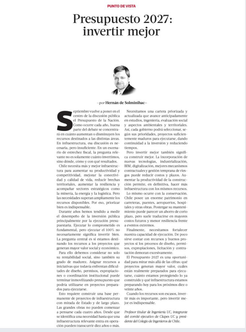 hdesolminihac's tweet photo. En mi columna en @Pulso_LT, “Presupuesto 2027: invertir mejor”, planteo que ante recursos escasos no basta con discutir cuánto invertir.
Debemos priorizar proyectos maduros y de alto impacto, mejorar productividad, conservar lo existente y fortalecer la capacidad de ejecución https://t.co/KzB8mp5nt4