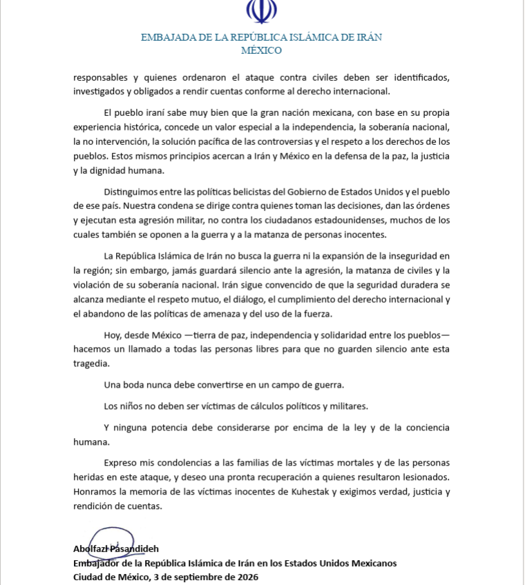 IraninMexico's tweet photo. COMUNICADO DEL EMBAJADOR DE LA REPÚBLICA ISLÁMICA DE IRÁN EN MÉXICO SOBRE EL ATAQUE MILITAR DE ESTADOS UNIDOS CONTRA UNA BODA EN EL SUR DE IRÁN https://t.co/080d7QmuEO