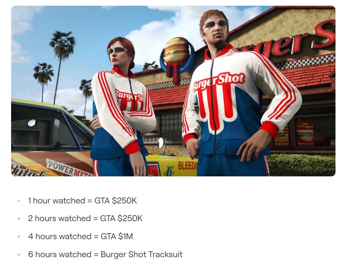 TexFunz2's tweet photo. Twitch has revealed the watch-time requirements to earn up to GTA$1.5M and the Burger Shot Tracksuit in #GTAOnline

https://t.co/hTF3bH5kRH https://t.co/zPq3B5iMwH