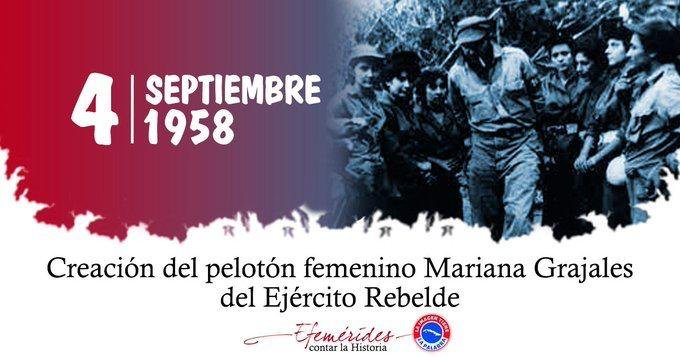 IzquierdoAlons1's tweet photo. El 4 de septiembre de 1958, tras una reunión sostenida por el Comandante en Jefe con su Estado Mayor, se constituyó en La Plata, Sierra Maestra, el pelotón femenino: Mariana Grajales; hecho que manifestó su confianza en las féminas cubanas. 
#LaHabanaViveEnMí https://t.co/hPXXZzJE8k