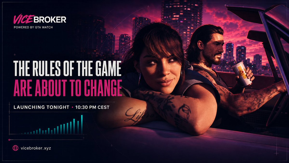 ViceBrokerRH's tweet photo. One last signal before launch.

Vice Broker goes live tonight at 10:00 PM CEST on PONS V2.

GTA 6 attention. Tokenized Take-Two rewards. 100% of creator-side fees shared pro rata with eligible $VBRK holders.

Powered by GTA 6 Watch https://t.co/utQ2kV8oBy
https://t.co/ziRnbjjdNQ https://t.co/J3lxrtxLTL