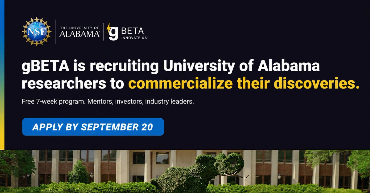 gener8tor's tweet photo. One week left to apply for gBETA Innovate UA! 🚀

gBETA Innovate UA is designed to help early-stage founders turn innovative ideas into growing businesses through mentorship, startup education, 1:1 coaching, and connections to gener8tor’s network of mentors, investors, and industry experts.

Throughout the program, founders will have the opportunity to strengthen their ideas, connect with experienced mentors, and build momentum toward their next stage of growth.

𝗔𝗽𝗽𝗹𝗶𝗰𝗮𝘁𝗶𝗼𝗻 𝗗𝗲𝗮𝗱𝗹𝗶𝗻𝗲: September 20, 2026.
𝗔𝗽𝗽𝗹𝘆 𝗻𝗼𝘄: https://t.co/Kcxjbc3mkV

We’re grateful to @NSF, Integrated Venture Development, and @UofAlabama for their support in creating more opportunities for entrepreneurs and innovators across the UA community.

#gener8tor #gBETA #Startups #Entrepreneurship #Innovation