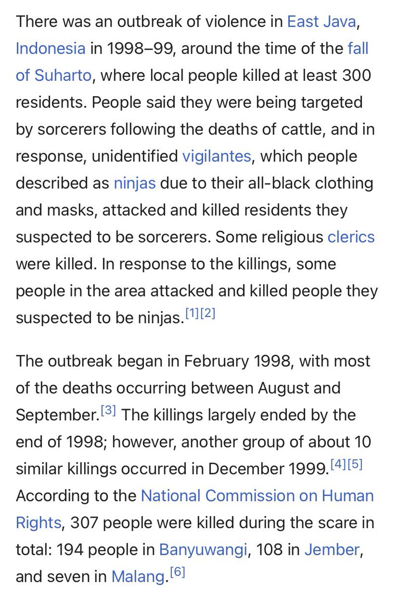 sonnysehra's tweet photo. in 1998, entire communities in indonesia dressed up as ninjas &amp; started violently mass slaughtering random people they accused of being black-magic sorcerers. it started after their cattle died mysteriously, blaming it on witchcraft. 307 people died, from beheadings to lynchings. https://t.co/iGoEPI0qc7
