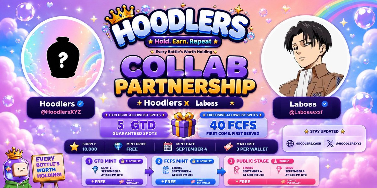 Labosssxxf's tweet photo. 🎁 @Labosssxxf × @HoodlersXYZ COLLAB GIVEAWAY 🎁

We're teaming up with Hoodlers! 👑🫧

🔥 3 GTD spots
⚡ 30 FCFS spots
🆓 FREE MINT

To enter:

Follow @HoodlersXYZ + me + @gmicollective
Like &amp; repost
Drop your wallet below 👇

24hrs https://t.co/vcNOcPJX1B
