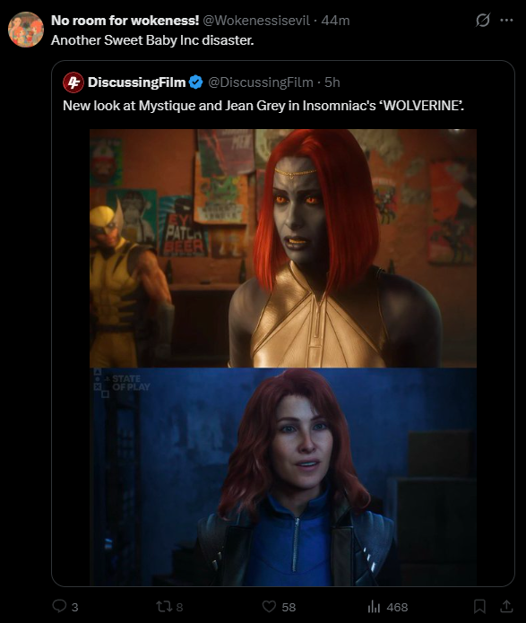 ShaunDucky's tweet photo. For the record, Sweet Baby Inc didn't design the characters for Wolverine.

They are doing story consultation, the same as they did for the very successful Spider-Man 2.

@Wokenessisevil knows nothing and isn't a gamer. https://t.co/VIkZmlaklw