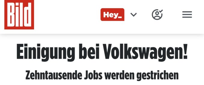 MrsMuckboots's tweet photo. „Einigung bei Volkswagen!“

Zehntausende Jobs werden gestrichen.

😂 Früher nannte man sowas Stellenabbau. Heute bekommt die Katastrophe offenbar eine Erfolgsmeldung als Überschrift. https://t.co/6nw2TnMcAu