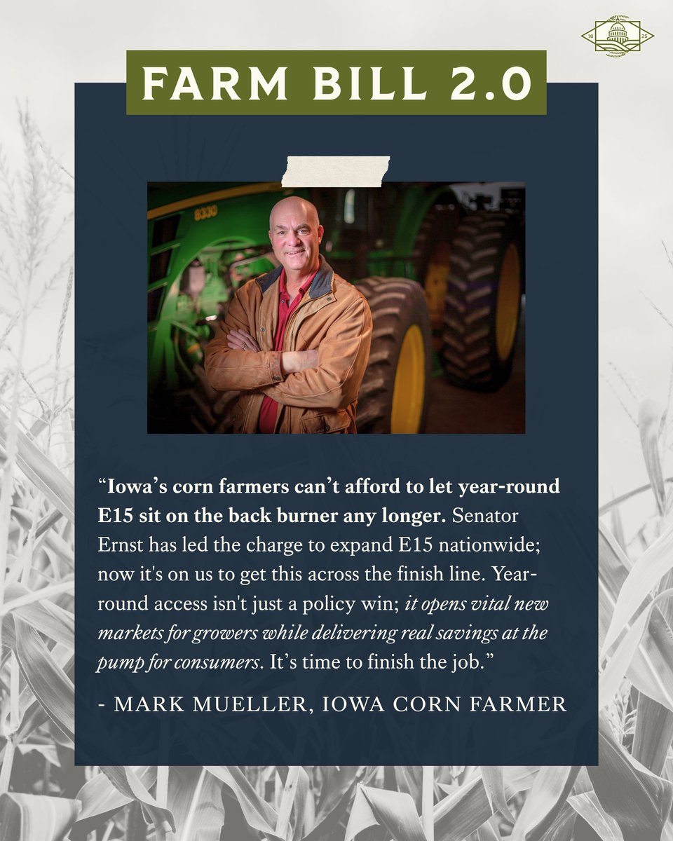 SenateAgGOP's tweet photo. @SenJoniErnst is fighting for Iowa farmers. As an advocate for year-round E15, she voted to advance Farm Bill 2.0 to allow the year-round sales of E15 and expand markets for Iowa corn growers. #FacesOfFarmBill2 #BuiltForFarmers https://t.co/Apqwnhqh7T