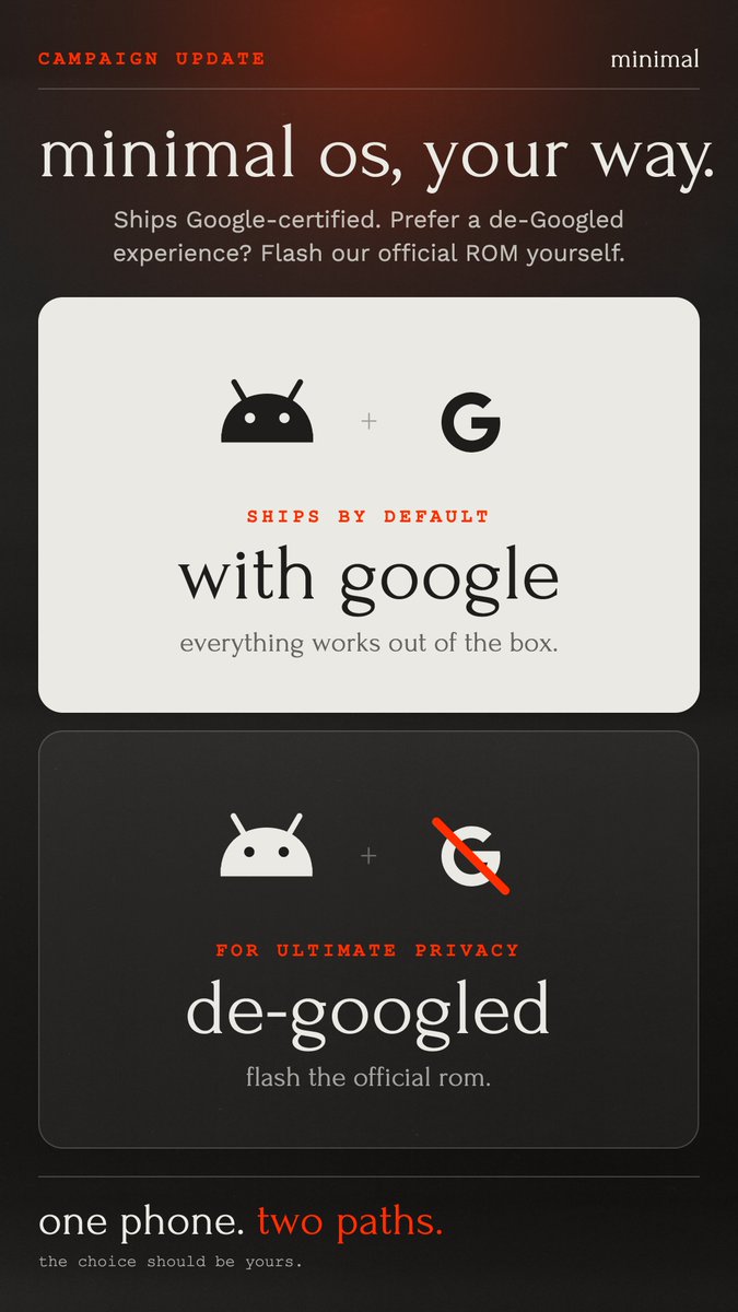 Youkhna's tweet photo. We’re doing something Android phone companies usually don’t:

Giving you a way out.

Minimal Phone 2 ships Google-certified.

But if you want Google gone, we’ll give you the official de-Googled Minimal OS ROM to flash yourself. https://t.co/0xALw9vH95