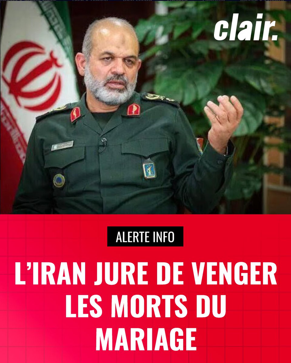 Clair_officiel's tweet photo. Les Gardiens de la Révolution promettent de venger les quatre personnes tuées par une frappe américaine pendant un mariage dans le sud de l’Iran.

Dans un communiqué diffusé par la télévision d’État, leur chef Ahmad Vahidi affirme que leur mort « ne restera pas impunie » et qu’elle sera « certainement vengée ».

Cette attaque, menée dans le district de Sirik, a également fait près de soixante-dix blessés. (AFP)