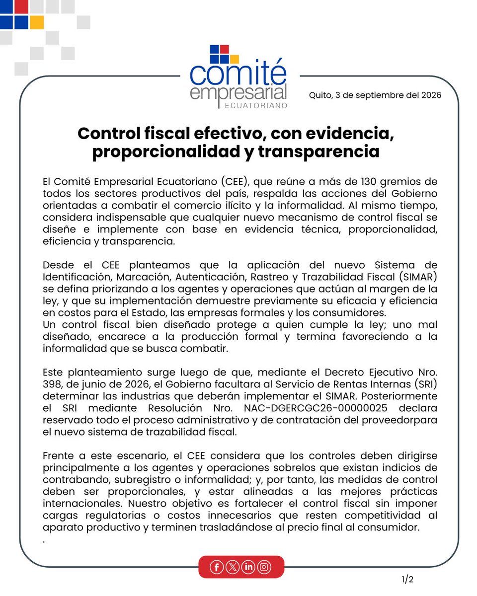 CeEcuatoriano's tweet photo. #ComunicadoCEE | Control fiscal efectivo, con evidencia, proporcionalidad y transparencia 

@SRIoficialEc https://t.co/VwSGvRE6bT