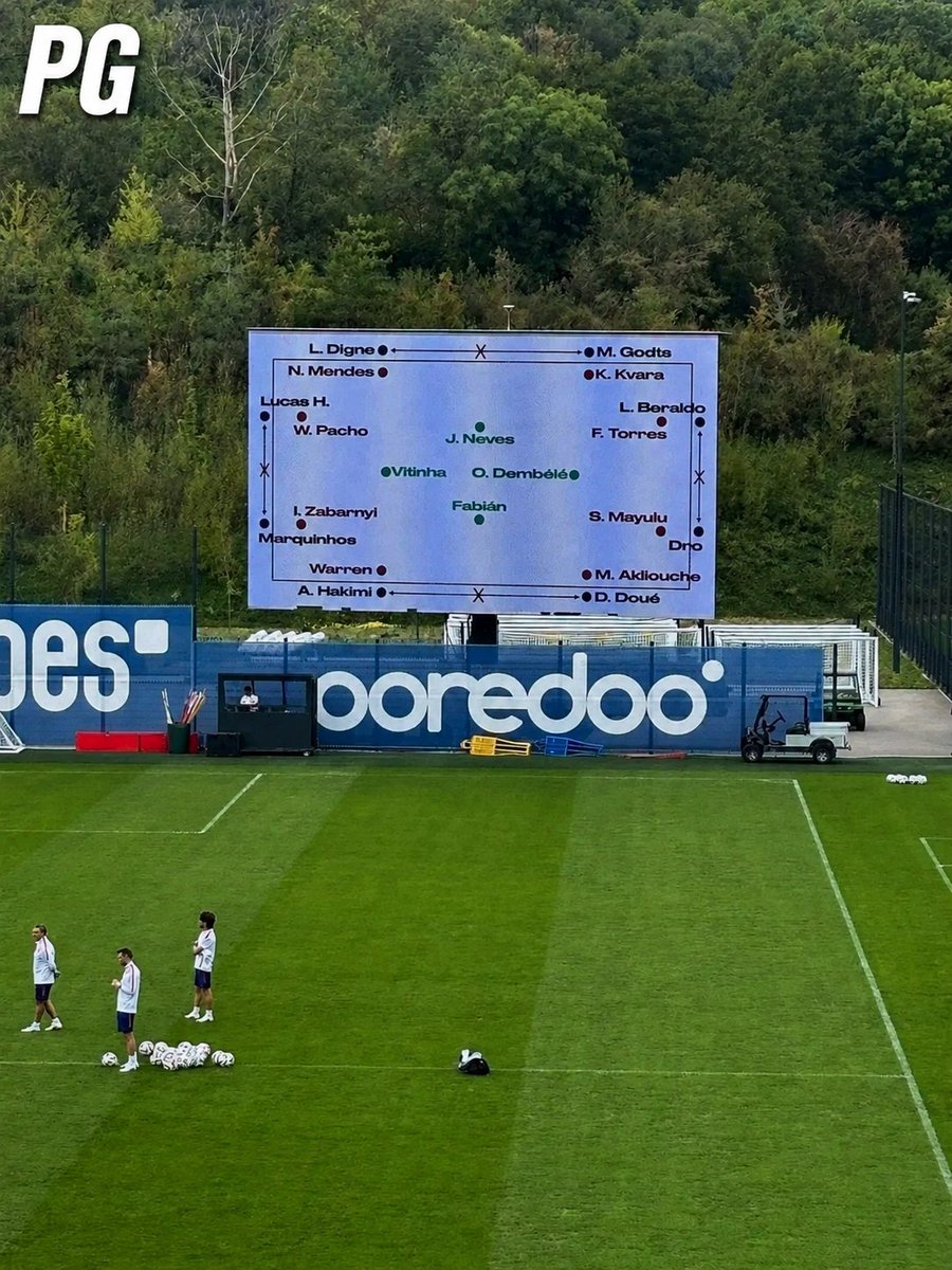Itzphilegray's tweet photo. Luis Enrique’s staff are using a giant screen  during tactical training to show players exactly where they need to position themselves on the pitch.

Psg are serious https://t.co/qR6sY4ypsB