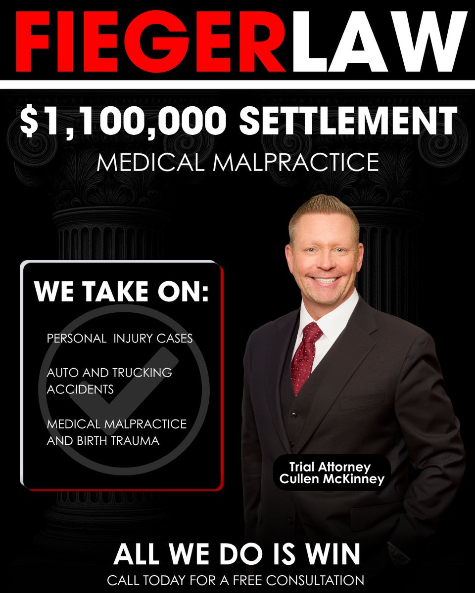 FiegerLaw's tweet photo. $1.1 Million Settlement
The Fieger Law team represented the family of a 37-year-old husband and father who passed away while receiving care at a Michigan hospital.
Throughout the process, our team remained committed to supporting his family and pursuing justice on their behalf.
Attorney Cullen McKinney worked alongside the family to reach a resolution that will help provide support for their future.
#fiegerlaw #allwedoiswin #medicalmalpractice #michigantrialattorneys
