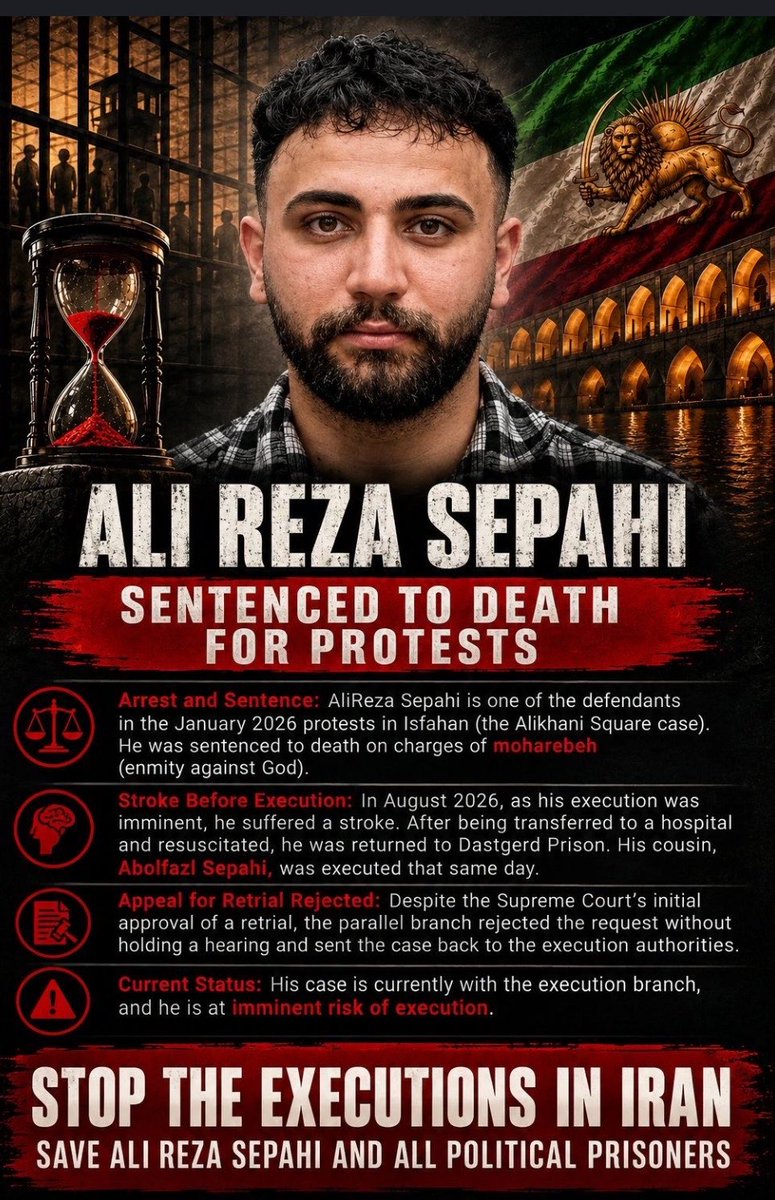 bamdademary's tweet photo. 🚨 The life of Iran's son is in severe danger 🚨
"The Supreme Court accepted the retrial of #Alireza_Sepahi, but an equivalent branch rejected it without a trial and sent the case for execution".
‼️ Couple of weeks ago the regime executed his cousin, he was scheduled to be executed but from the pressure, he suffered a heart attack, he went to hospital, and shortly after sent back to prison to be EXECUTED AGAIN. ‼️
You see how they torment us, and his family. This is what IRGC is known for, sham trials, killings and tormenting families of dissidents. Even after their death, the regime harrasses the families for fast quiet burial. ( Afraid of protest or mass gathering)
Is this life? Would you live like this? Should Iranians live like this everyday? 47 years is enough for all of us.
Please be his voice....
