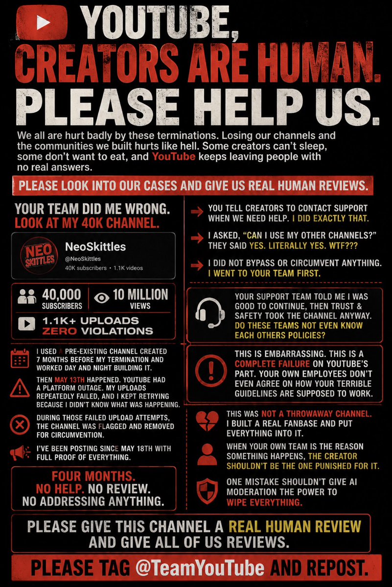 Joe2ShiestyLit's tweet photo. YouTube, CREATORS ARE HUMANS. PLEASE HELP US.

We all are hurt badly by these terminations. Losing our channels and the communities we built hurts like hell. Some creators can’t sleep, some don’t want to eat, and YouTube keeps leaving people with no real answers.

Please look into our cases and give us REAL HUMAN REVIEWS.

Your team did me wrong. Look at my 40K channel.

You tell creators to contact Support when we need help. I DID EXACTLY THAT. I asked, “Can I use my other channels?” THEY SAID YES. LITERALLY YES. WTF???

I DID NOT BYPASS OR CIRCUMVENT ANYTHING. I WENT TO YOUR TEAM FIRST.

Your Support team told me I was good to continue, then Trust & Safety took the channel anyway. Do these teams not even know each other’s policies?

THIS IS EMBARRASSING. THIS IS A COMPLETE FAILURE ON YOUTUBE’S PART. YOUR OWN EMPLOYEES DON’T EVEN AGREE ON HOW YOUR TERRIBLE GUIDELINES ARE SUPPOSED TO WORK.

I used a pre existing channel created 7 months before my termination and worked day and night building it.

0 → 40K SUBSCRIBERS. 10 MILLION VIEWS. 1.1K+ UPLOADS. ZERO VIOLATIONS.

Then MAY 13TH happened. YouTube had a platform outage. My uploads repeatedly failed, and I kept retrying because I didn’t know what was happening.

DURING THOSE FAILED UPLOAD ATTEMPTS, THE CHANNEL WAS FLAGGED AND REMOVED FOR CIRCUMVENTION.

I’ve been posting since MAY 18TH with full proof of everything.

FOUR MONTHS. NO HELP. NO REVIEW. NO ADDRESSING ANYTHING.

This was NOT A THROWAWAY CHANNEL. I built a real fanbase and put everything into it.

WHEN YOUR OWN TEAM IS THE REASON SOMETHING HAPPENS, THE CREATOR SHOULDN’T BE THE ONE PUNISHED FOR IT.

ONE MISTAKE SHOULDN’T GIVE AI MODERATION THE POWER TO WIPE EVERYTHING.

PLEASE GIVE THIS CHANNEL A REAL HUMAN REVIEW AND GIVE ALL OF US REVIEWS.

PLEASE TAG @TeamYouTube AND REPOST.