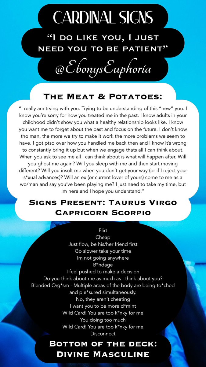 ebonyseuphoria's tweet photo. You doing too much
Wild Card! You are too k*nky for me
Disconnect
Bottom of the deck:
Divine Masculine
YES/NO/MAYBE: MAYBE
#aries #leo #sagittarius #cancer #scorpio #pisces #gemini #libra #aquarius #taurus #virgo #capricorn #mutablesigns #fixedsigns #cardinalsign #earthsign https://t.co/Uh3qXOb4M2