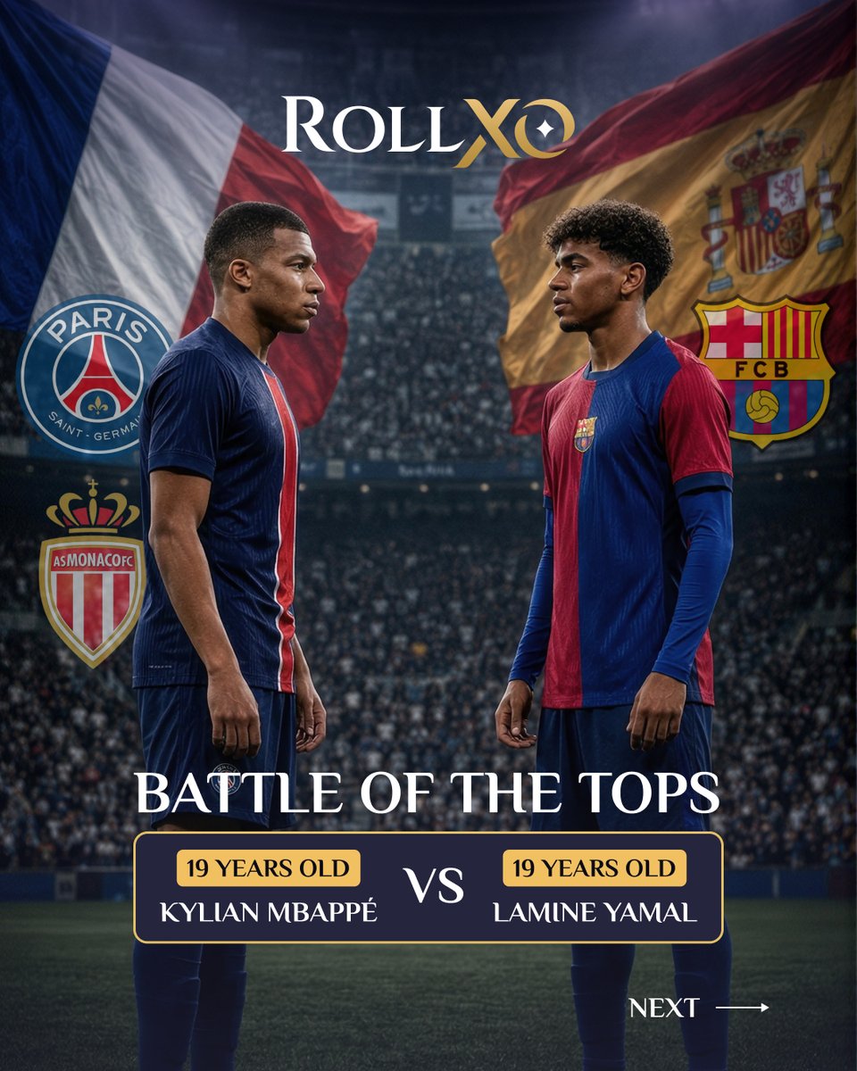 Roll_XO's tweet photo. JOIN THE BATTLE OF THE TOPS: K. MBAPPÉ & YAMAL!

MBAPPÉ at 19 was already ridiculous — with 2 Ligue 1, 1 Coupe de France, 1 Coupe de la Ligue  & most importantly, a World Cup 1 where he scored in the final!

But at 19, YAMAL is already running out of trophies to win. He has already won the 1 World Cup, 1 Euro, 3 La Liga  1 Copa del Rey & 2 Spanish Super Cup!

🔵 MBAPPÉ at 19
🏟️ 90 games | ⚽ 39 goals | 🎯 29 assists

🔴 YAMAL at 19
🏟️ 186 games | ⚽ 58 goals | 🎯 64 assists

But who will score in the upcoming matches?

⚪ 04.09 — REAL BETIS vs REAL MADRID    -  https://t.co/zbEATvCgi5
🔵 06.09 — VALENCIA vs BARCELONA - https://t.co/Wt6kaiNiPQ

Comment your guess & BET NOW!