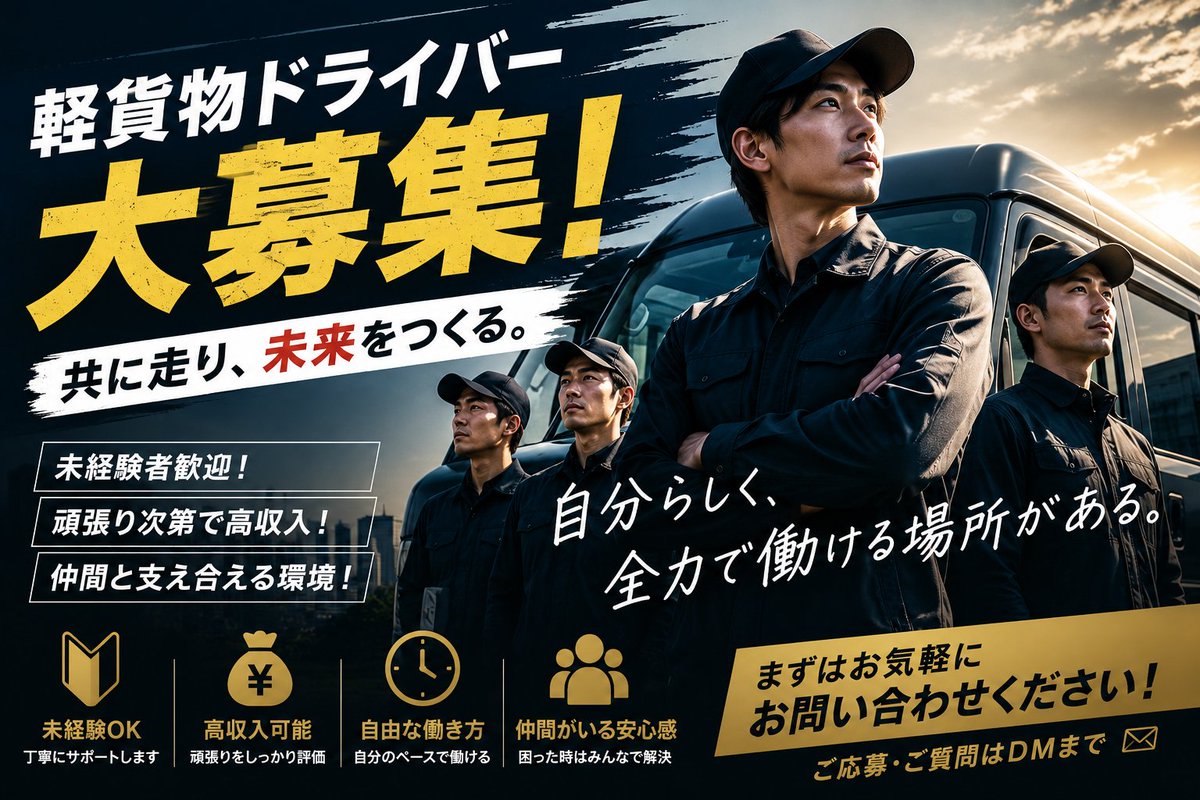 WealthPine's tweet photo. 【軽貨物ドライバー大募集🚚】
「もっと稼ぎたい」「自分らしく働きたい」そんな方を応援します！未経験から始めたスタッフも多数活躍中。研修・サポート体制も充実しています。まずはお気軽にDMください！

#軽貨物 #配送ドライバー #求人募集 #業務委託 #未経験歓迎 #配達員募集 #軽バン #ドライバー https://t.co/jNd0YoYVDy