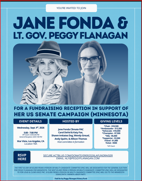 donorclassnews's tweet photo. NEW: Jane Fonda joining Minnesota Lt. Gov. Peggy Flanagan - now the Democratic Senate nominee - in her first L.A. fundraiser since winning her primary. More September fundraising updates here: https://t.co/A2A6MH1dqh https://t.co/a59JbdDqlA