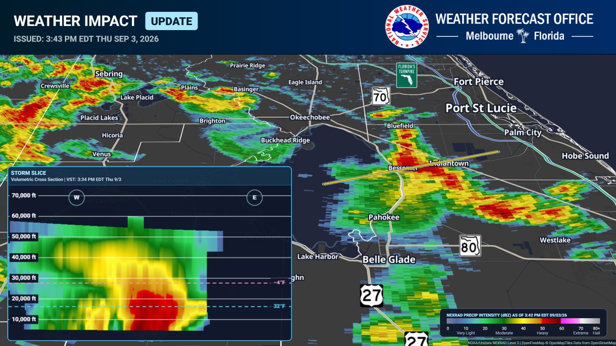 NWSMelbourne's tweet photo. 3:42 PM | Strong storm with potential for wind gusts to 40 mph, excessive lightning, and localized flooding, especially along FL-76 west of Indiantown over to US-98 along Lake O. Radar cross section shows the storm is nearly 60,000 ft tall. #FLwx https://t.co/2jt7ODyqeW
