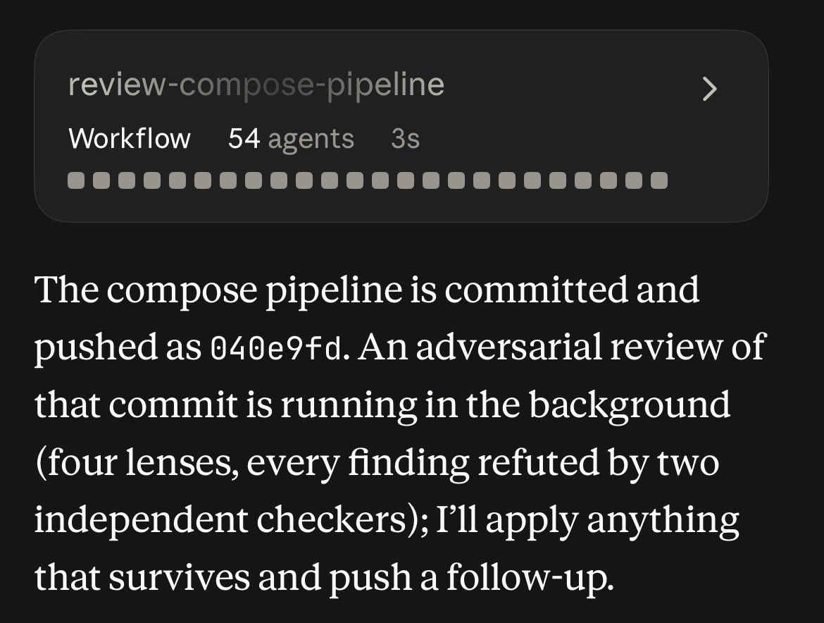 mc_easym0de's tweet photo. Dang, fable spun up 54 agents for adversarial review and maxed session limit. https://t.co/b6Ufi6fcxI