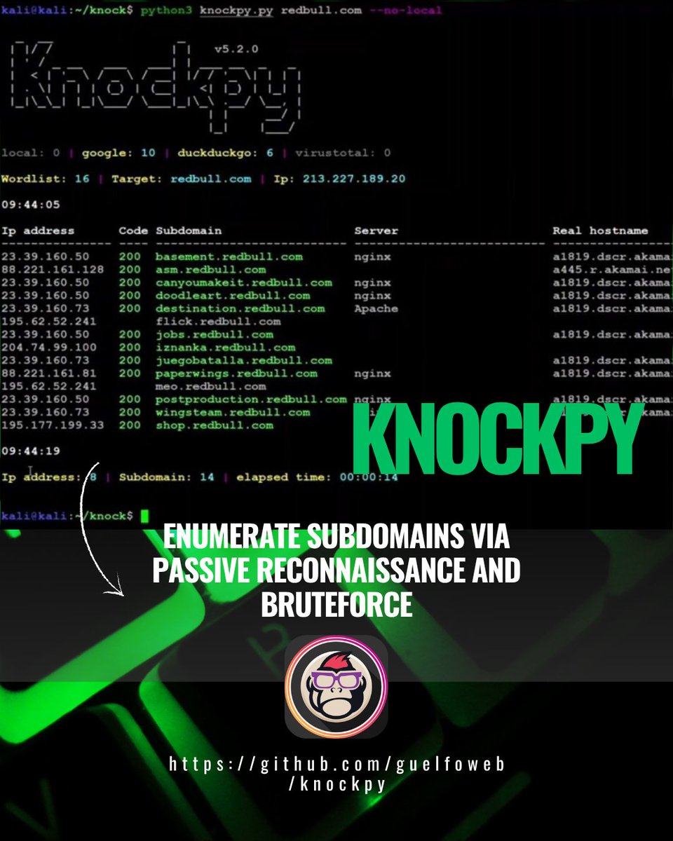 EsGeeks's tweet photo. 🔍🛡️⚡ Knockpy | Recon + brute de subdominios en modo async
Knockpy v9: enumeración modular con httpx, validación TLS/HTTP/IP, detección de TLS legacy, AXFR y wildcards.
#knockpy #subdomain #recon #osint #bugbounty #pentesting #redteam #ciberseguridad #ethicalhacking #infosec https://t.co/EQG8jAQou3