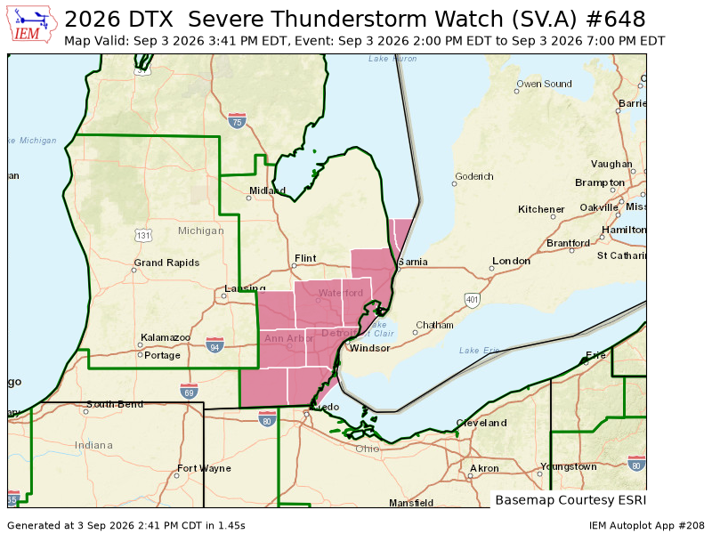 MidMIExtremeWX's tweet photo. DTX updates Severe Thunderstorm Watch (cancels 7 counties, continues 14 areas) till Sep 3, 7:00 PM EDT https://t.co/cKUBeqFfzu https://t.co/eBfR9dLCR5