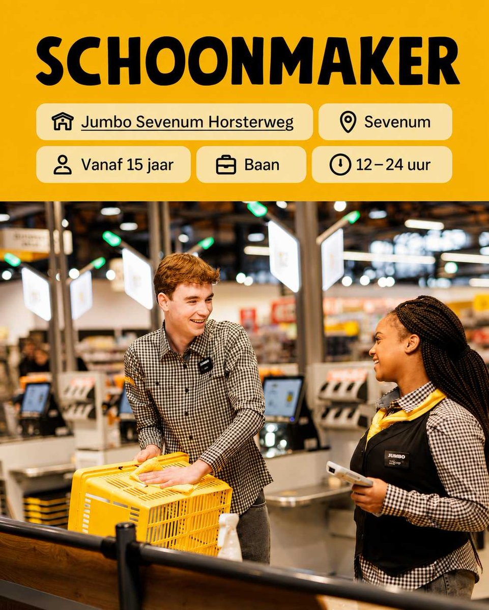 CoreySheffo's tweet photo. WE’RE LOOKING FOR A CLEANER! Do you enjoy rolling up your sleeves and keeping everything neat and presentable? Join our team at Jumbo Phicoop Sevenum! From age 15, 12–24 hours per week. Interested? Apply now. https://t.co/PqdqfeoUOG
