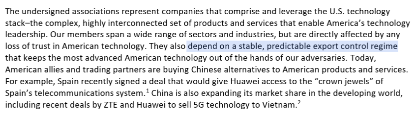 oren_cass's tweet photo. 1/ All you really need to know about the tech industry's anti-export-controls letter is that they "depend on a stable, predictable export control regime" but "remain concerned about any attempt to enact export controls via statute." What are we even doing here? https://t.co/G7hrjQZiue