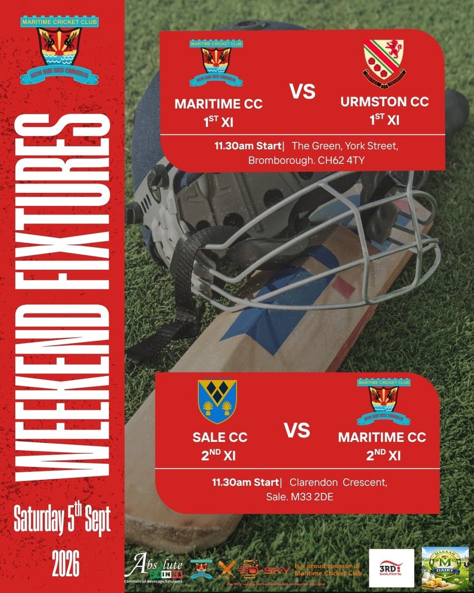 MaritimeC_C's tweet photo. This weekend's fixtures 🏏.......

It’s our 1st team’s last home game of the season so we would love to see as many people there as possible to cheer on the guys 🙂 Don't forget our bar is open all day serving a variety of drinks and snacks 🥂☕🍻 https://t.co/J95fmWRaD0