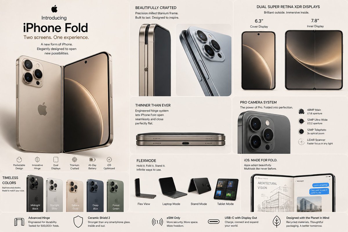 IAmMumtazcs's tweet photo. What if Apple made a foldable iPhone? 🍎📱
Introducing myiPhone Fold concept — two screens, a hinge, and a completely new way to use iPhone.
Would you choose this over the regular iPhone? 👀
Concept design — not an official Apple product.
#iPhoneFold #iPhone  #Foldable #Product https://t.co/XcnkEj30Q1