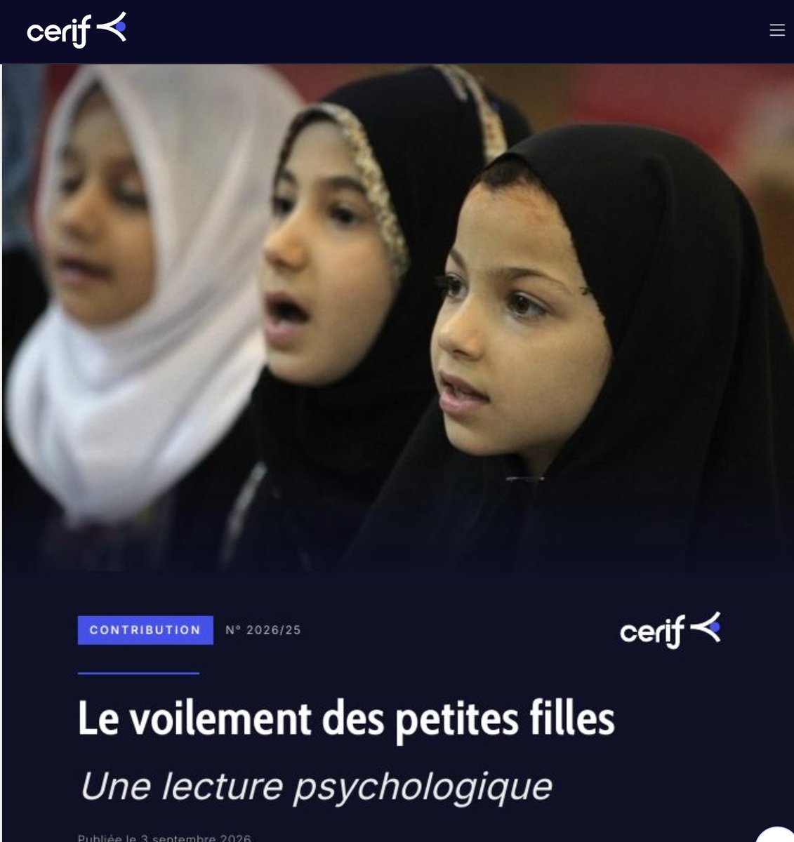 FBBlackler's tweet photo. 📝 Contribution pour le @CERIFrerisme 
Sonya Zadig, psychologue clinicienne et psychanalyste : le voilement précoce d’une petite fille n’est pas une question de vêtement.  https://t.co/16kFIzUoXX #voilement #islamisme #enfance https://t.co/vHAy0ajCWP