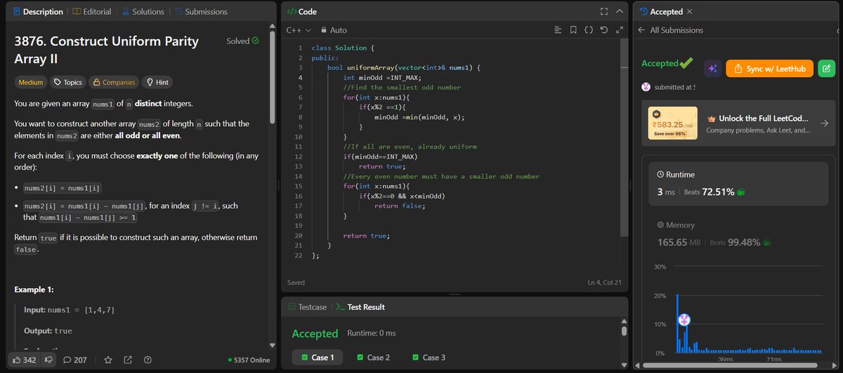 rva1064124's tweet photo. DAY 97/100 🚀 #DSAChallenge
Today's progress:
✅ LeetCode 3876: Construct Uniform Parity Array II
✅ Codeforces 510A: Fox And Snake
🎯 97 days done. Only 3 to go!
#100DaysOfCode #LeetCode https://t.co/I5tfZtqK0u