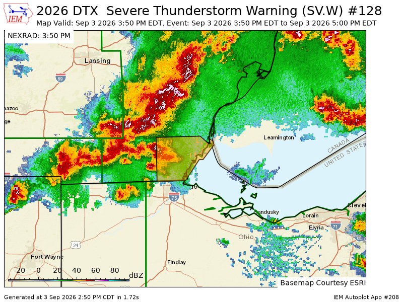 MidMIExtremeWX's tweet photo. DTX issues Severe Thunderstorm Warning [wind: 60 MPH (RADAR INDICATED), hail: <.75 IN (RADAR INDICATED)] for Monroe [MI] till Sep 3, 5:00 PM EDT https://t.co/N9lKZvCZEi https://t.co/m9eMlRiMtJ