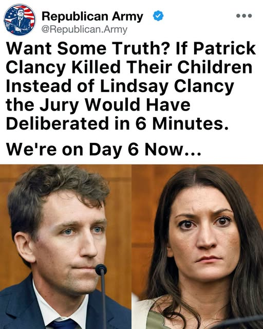 pete_porcupine's tweet photo. The jury in Lindsay Clancy’s trial is returning for a sixth day of deliberations after two deadlock notes. If her husband had been the one who killed their three children, this case would have been over in minutes.
Women do not get a pass on murder simply because they are mothers. The same rules must apply to both sexes. Mental health claims that would be dismissed for a man are being treated as a serious defense here.
Equal justice means equal consequences. When courts treat mothers and fathers differently in the killing of children, they weaken the law itself and fail the victims.