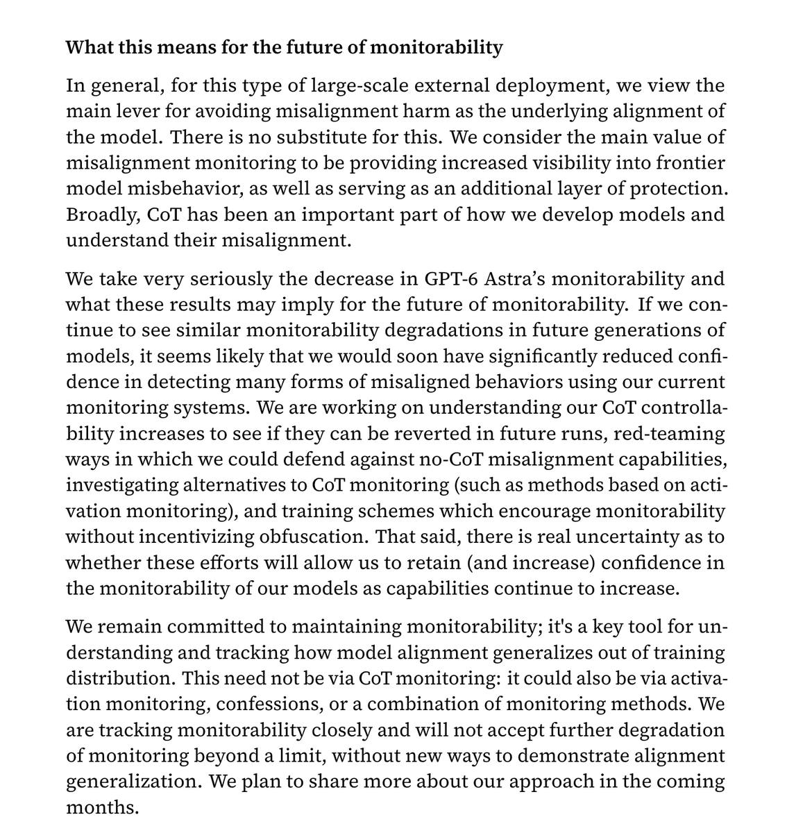 Screenshot of Micah Carroll's GPT-6 thread highlighting the tension between stronger capabilities and weaker monitorability under adversarial evaluation