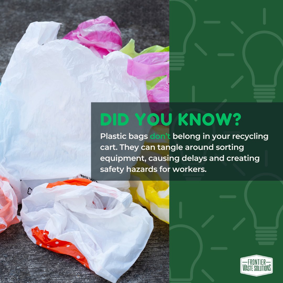 FrontierWaste's tweet photo. Plastic bags don’t belong in your curbside recycling cart! ♻️ 

Keeping them out of the recycling stream helps prevent issues with sorting equipment and keeps the recycling process running safely and smoothly. https://t.co/NXB6NPLzHD