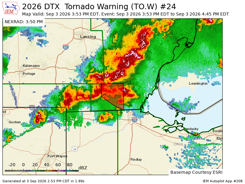 MidMIExtremeWX's tweet photo. DTX issues Tornado Warning [tornado: RADAR INDICATED, hail: <.75 IN] for Lenawee [MI] till 4:45 PM EDT https://t.co/xQ6vQSxaGB https://t.co/wTIUXyxXxR
