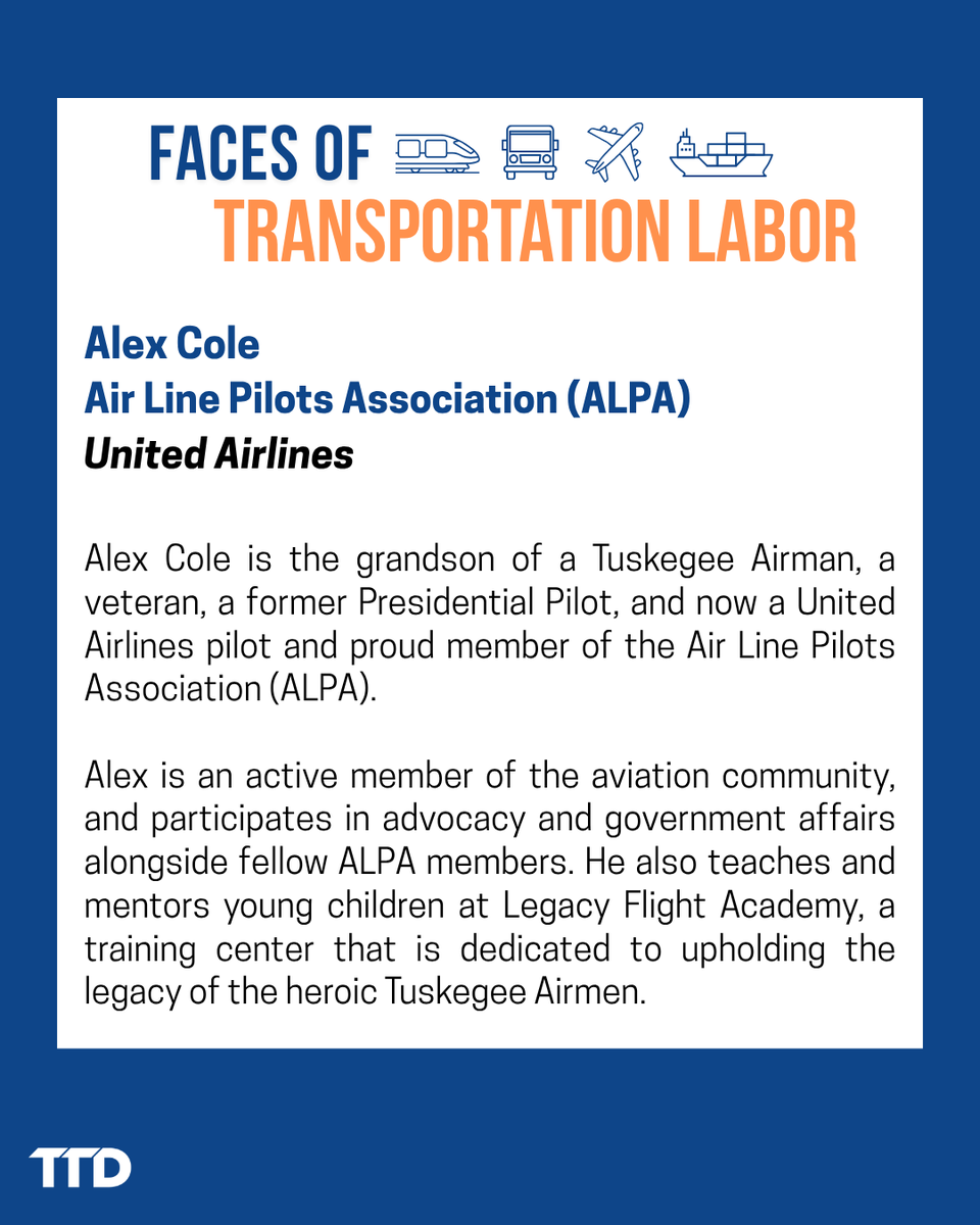 TTDAFLCIO's tweet photo. As a pilot, veteran, advocate, teacher and more, @ALPAPilots member Alex Cole embodies what it means to be part of the transportation labor movement. In addition to serving the public, he is paying it forward and ensuring opportunities for the next generation of pilots. https://t.co/qQK0eBuYSy