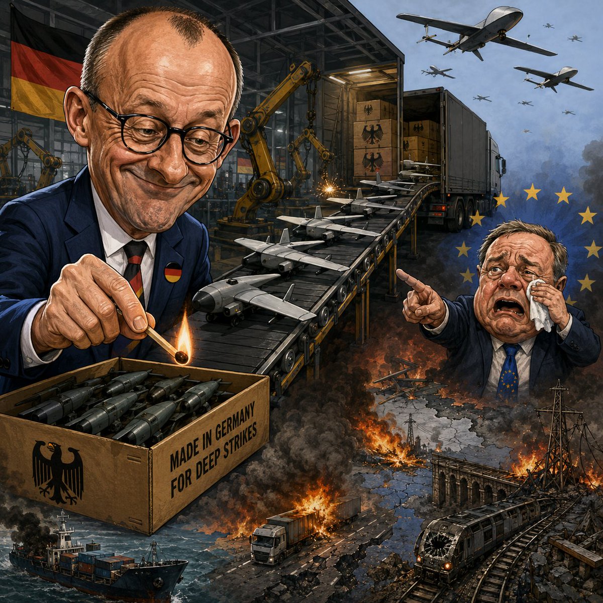 BPartisans's tweet photo. L’ALLEMAGNE FABRIQUE 5 000 ALLUMETTES ET PRÉPARE DÉJÀ LE RAPPORT SUR L’INCENDIE.
Par @BPartisans 

L’Allemagne vient encore de repousser les limites de la pensée stratégique européenne : fabriquer l’escalade industriellement, puis s’indigner lorsqu’elle produit des conséquences.

Selon le Handelsblatt, plus de 5 000 drones de frappe destinés à l’Ukraine entrent en production près de Munich. Certains pourraient atteindre 1 500 kilomètres.

À ce niveau-là, ce n’est plus de « l’aide à l’Ukraine ». C’est une chaîne de production allemande destinée à fournir des armes capables de frapper profondément le territoire russe.

Mais rassurons-nous : à Berlin, personne n’escalade jamais rien.

L’escalade commence officiellement lorsque Moscou répond.

C’est toute la beauté de la doctrine européenne moderne : nous pouvons fournir les armes, financer les armes, produire les armes et permettre qu’elles frappent chez vous ; mais si vous réagissez, vous êtes un dangereux provocateur.

Puis viendra probablement l’acte II.

Un câble endommagé ? Guerre hybride russe.
Un réseau informatique perturbé ? Moscou.
Un mystérieux drone au-dessus d'une installation militaire ? Kremlin.
Un train en retard ? Encore quelques années d’escalade et on finira peut-être par accuser le GRU.

Attention : accuser n’est pas prouver. Mais politiquement, le mécanisme est admirable. On augmente méthodiquement son implication dans une guerre contre une puissance nucléaire tout en préparant simultanément l’opinion publique à considérer toute conséquence comme une agression inexplicable.

Berlin jette des pierres dans la ruche et convoque ensuite une conférence de presse sur l’agressivité des abeilles.

Reste un petit problème que les stratèges de salon semblent avoir oublié : fabriquer 5 000 drones est facile comparé au travail nécessaire pour les faire parvenir là où ils doivent être utilisés.

Cinq mille drones, leurs composants, équipements, pièces détachées et moyens de maintenance ne traversent pas l’Europe sous une cape d’invisibilité.

Il faut des camions. Des trains. Des entrepôts. Des plateformes logistiques. Des itinéraires. Des points de transfert.

Bref : des cibles potentielles.

Or les voies d’approvisionnement ukrainiennes sont déjà sous pression. Les ports sont vulnérables, les infrastructures ferroviaires régulièrement frappées et les grands flux routiers ne sont précisément pas réputés pour leur discrétion.

Berlin peut donc commander 5 000 drones, 10 000 demain et baptiser cela « soutien défensif » avec le sérieux d’un pyromane expliquant qu’il transporte simplement de l’essence.

Le véritable exploit allemand n’est finalement pas industriel.

Il est intellectuel.

Produire par milliers des armes destinées à frapper la Russie tout en paraissant sincèrement surpris que la Russie puisse chercher à empêcher leur arrivée.

À ce stade, ce n’est même plus jouer avec le feu.

C’est fabriquer les allumettes, verser l’essence et accuser l’incendie d’avoir commencé tout seul.

Source : https://t.co/sazWWlHs8x