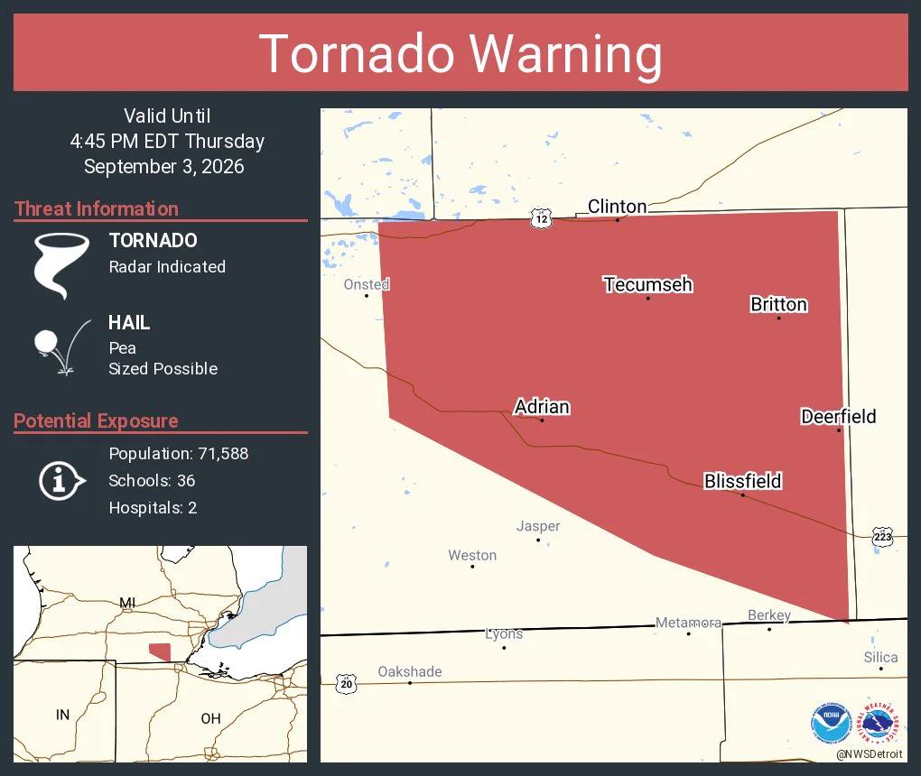 This graphic displays a tornado warning plotted on a map. The warning is in effect until 4:45 PM EDT. The warning includes Adrian MI, Tecumseh MI and Blissfield MI.  This warning is for Eastern Lenawee County in southeastern Michigan. The threats associated with this warning are a radar indicated tornado and pea sized hail. There are 71,588 people in the warning along with 36 schools and 2 hospitals.