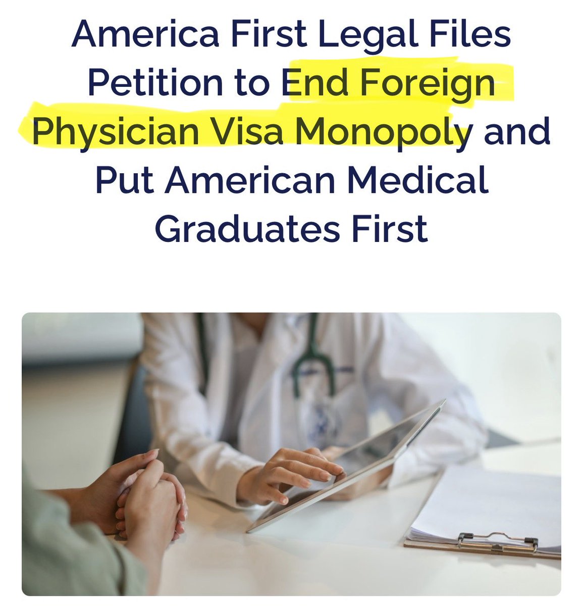 MaryBowdenMD's tweet photo. 25% of physicians in Texas are from other countries, and the number of J1 doctors training in US hospitals has increased 54% over the past decade.

ECFMG is the sole sponsor of foreign medical students and is financially incentivized to allow more foreign students in. 

27 states (including Texas) have passed legislation streamlining the process for foreign doctors to get medical licenses in the US.