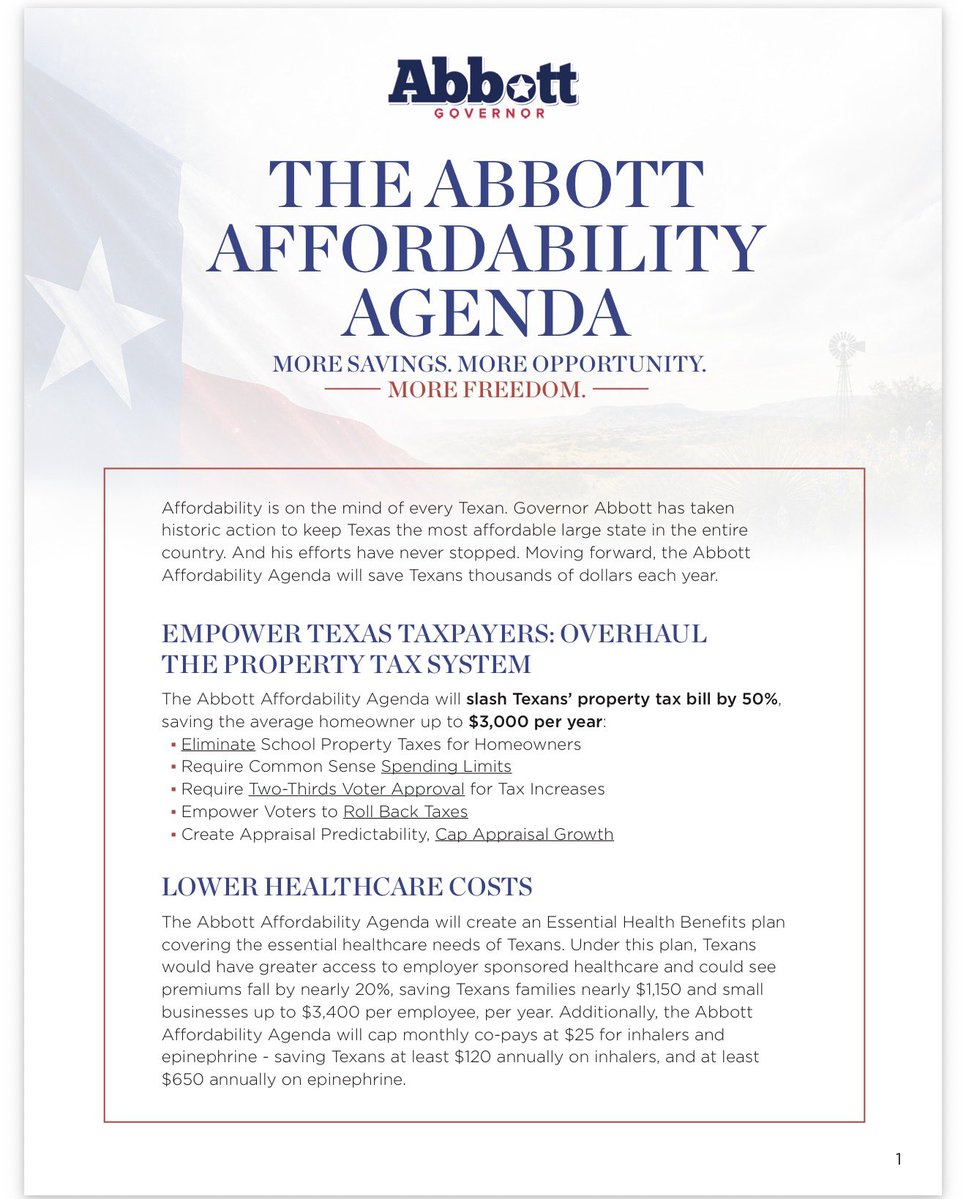 GuntherEagleman's tweet photo. 🚨 HUGE TEXAS AFFORDABILITY WIN!

Governor Greg Abbott just rolled out the Abbott Affordability Agenda, more savings, more opportunity, more freedom.

Property taxes. Healthcare. Insurance. College. Housing. Energy.

He’s talking about saving Texans thousands a year, including a 50% slash in property tax bills for the average homeowner… up to $3,000.

While D.C. argues about vibes, Texas is putting money back in your pocket.

Thread below. Breaks it down. 🇺🇸