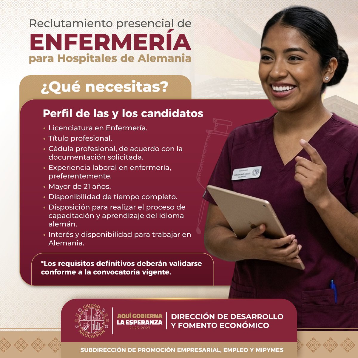 GobNau's tweet photo. ¿Eres profesional de Enfermería y buscas una oportunidad laboral en el extranjero? 🇩🇪🩺

Participa en el reclutamiento presencial para hospitales de Alemania. Consulta en las imágenes los requisitos, fechas y detalles para realizar tu postulación en #Naucalpan.

 #AquiGobiernaLaEsperanza #Enfermería #Empleo #DesarrolloEconómico