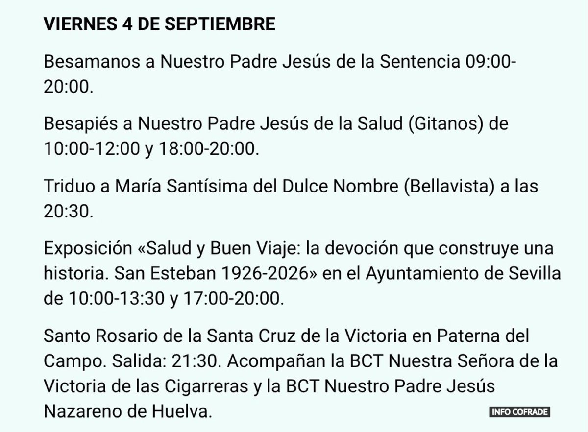 info_cofrade's tweet photo. 📚 𝐀𝐆𝐄𝐍𝐃𝐀. Viernes 4 de Septiembre. #AgendaCofrade #InfoCofrade365días #SevillaHoy https://t.co/OzOkR5PeED