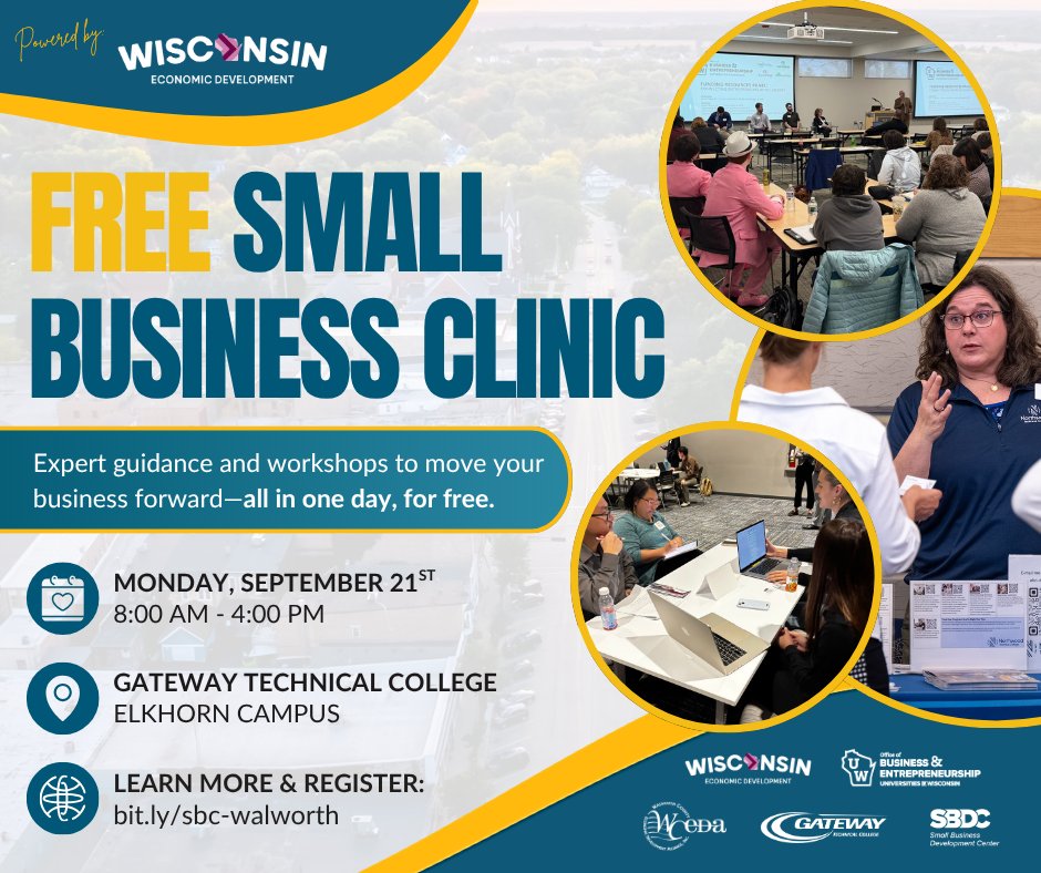 UWisconsinBiz's tweet photo. Join us Sept. 21 at @gatewaytech in Elkhorn for a FREE Small Business Clinic! Register: https://t.co/AyH4zCKQIJ https://t.co/w3cKzDFN7Q