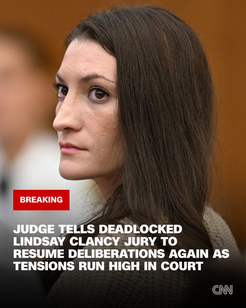 CNN's tweet photo. The judge in Lindsay Clancy's triple-murder trial has ordered the jury to again resume deliberations. It comes after tense moments in court where the defense said one juror "refuses to listen to the law" on reasonable doubt following a note from the jury. Follow live updates. https://t.co/iGJA3khCmu