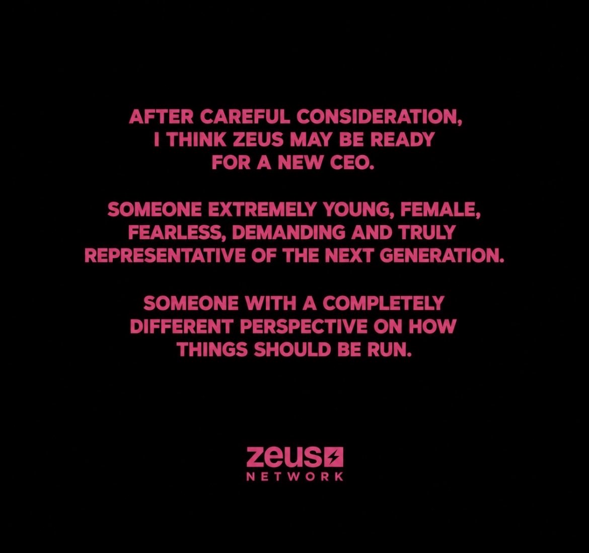 ZeusBaddiesTea's tweet photo. Zeus announces they’ve found a new CEO and will be revealing her very soon.. any ideas of who you think it may be? 👀⚡️ #ZeusNetwork https://t.co/wbsWGGSc5E