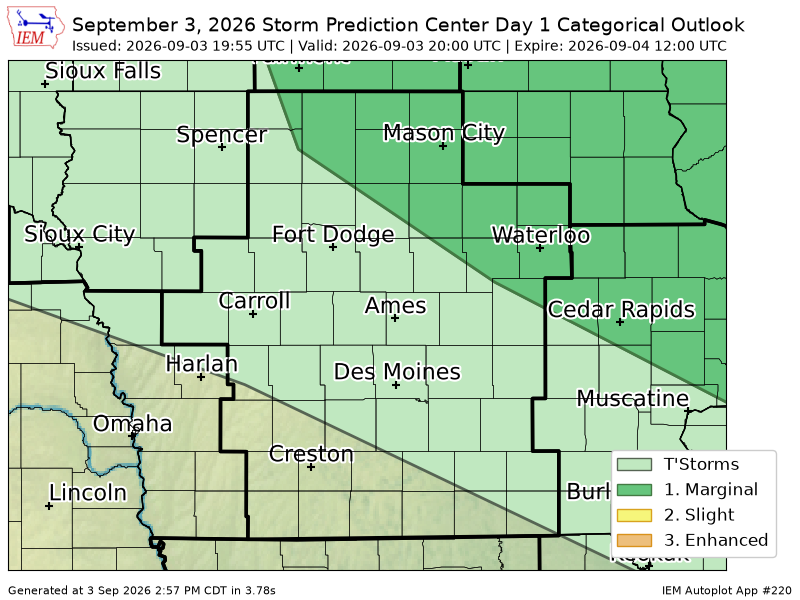 chaserbrandonWX's tweet photo. #SPC issues Day 1 Marginal Convective Risk at Sep 3, 19:55z for DMX https://t.co/T5pFeSNmPd https://t.co/5XzkjY3gDG