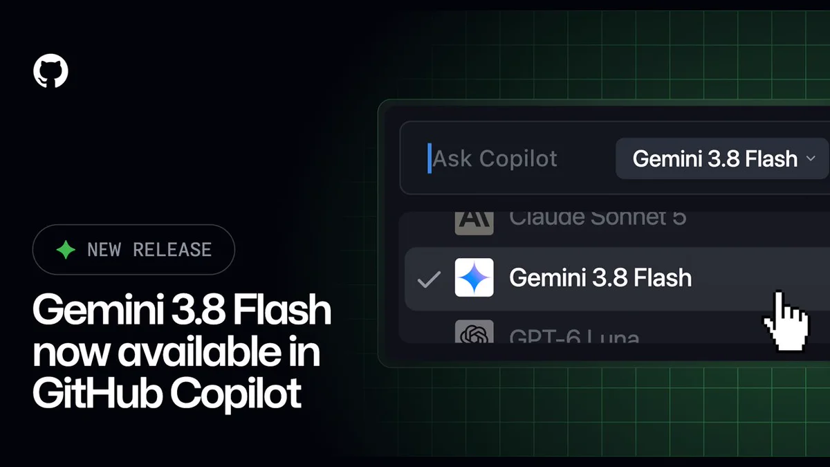 A release announcement for 'Gemini 3.8 Flash' now available in GitHub Copilot. Text includes 'NEW RELEASE' in a green badge, with a close-up of a user interface showing the Gemini option being selected.